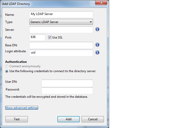 This window displays the Add LDAP Directory dialog where Generic LDAP Server is selected from the type pull-down.